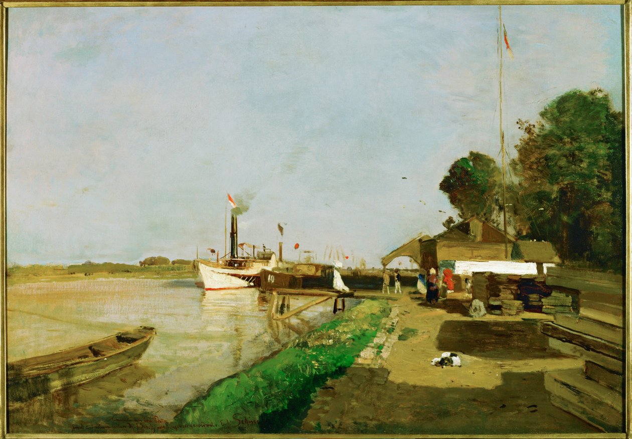 Dampfschiffstation an der Donau bei Kaisermuehlen - Stoombootstation aan de Donau bij Kaisermuehlen ... (schilderij op doek) door Emil Jakob Schindler