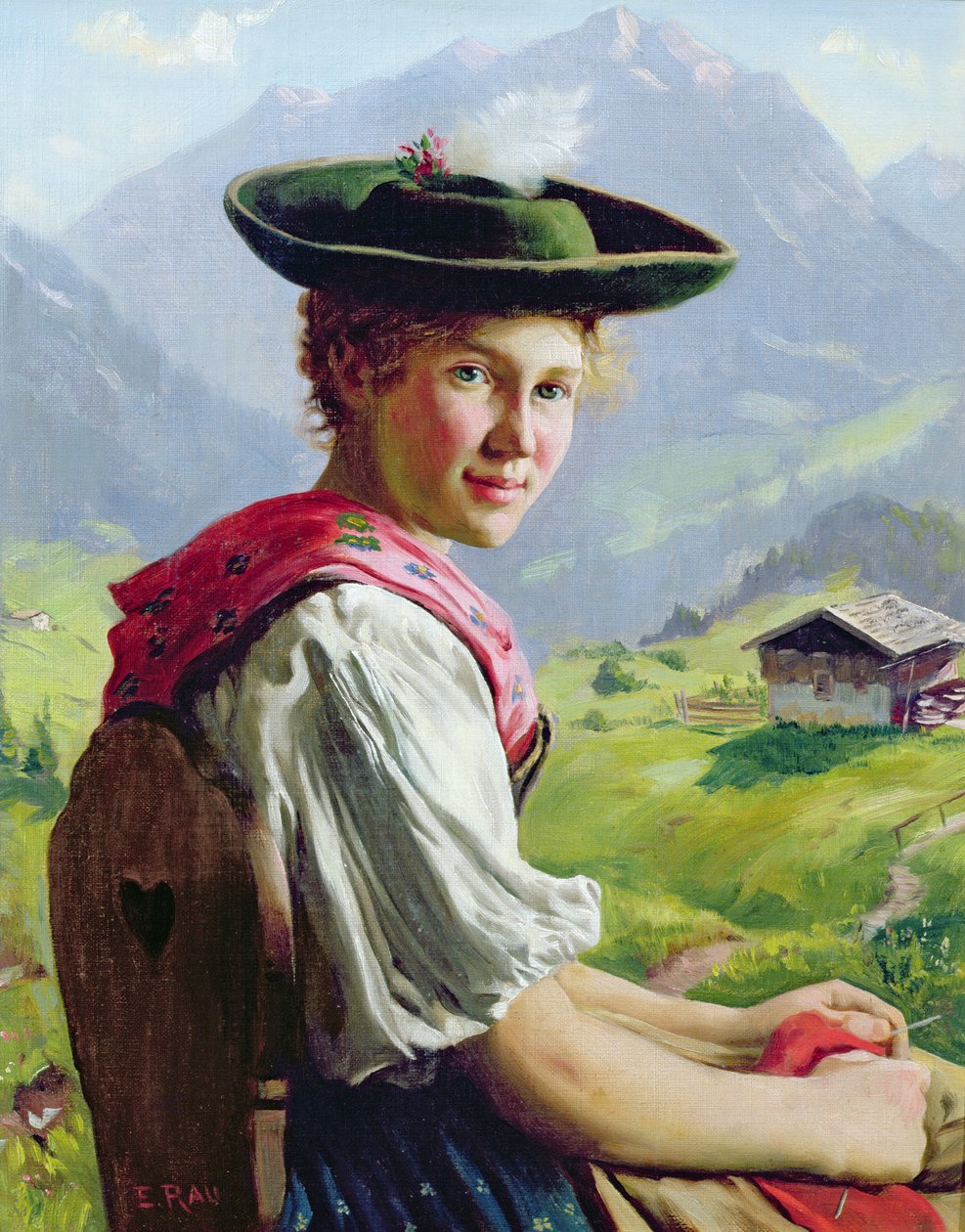 Meisje met een hoed in berglandschap | Emil Karl Rau