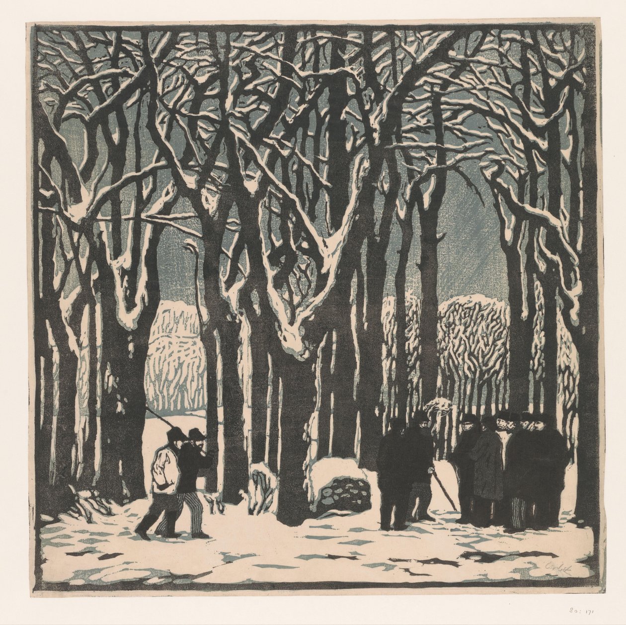 Mannen in een winters bos door Emil Orlik (signed by artist)