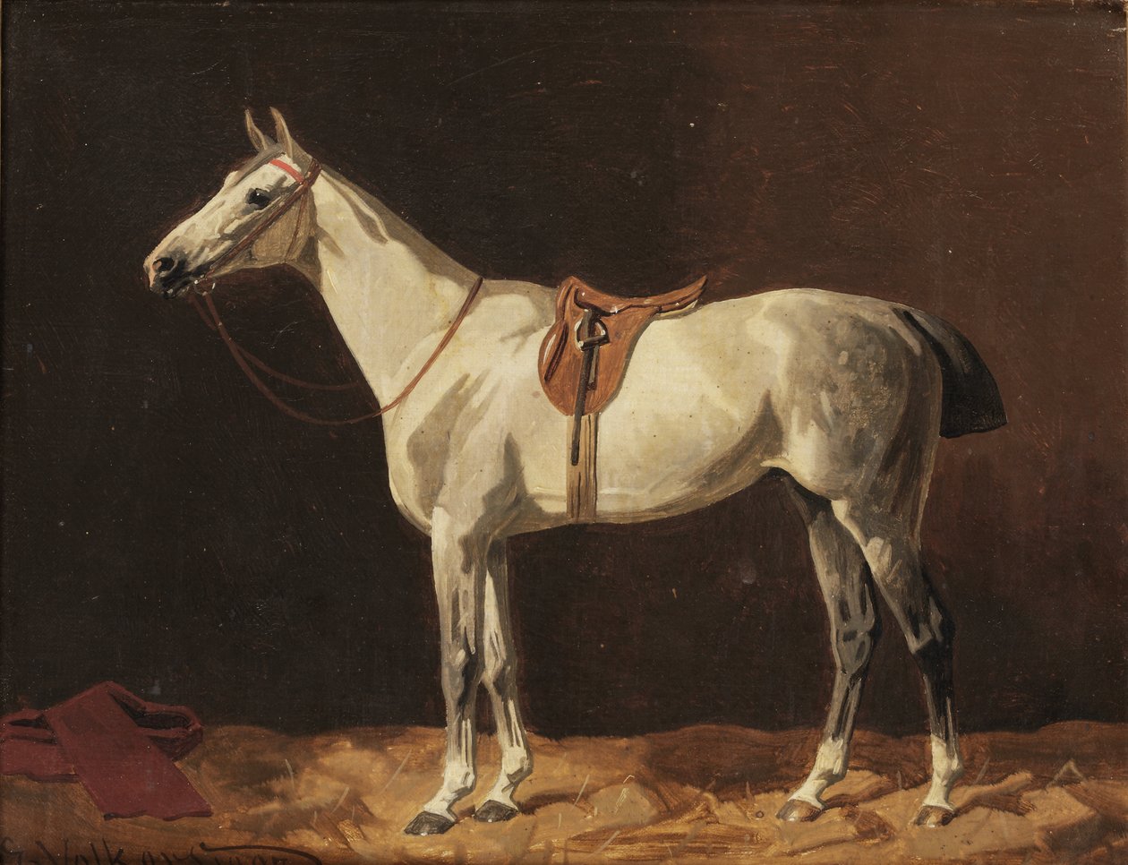 Een gezadeld grijs paard wacht in een stal door Emil Volkers