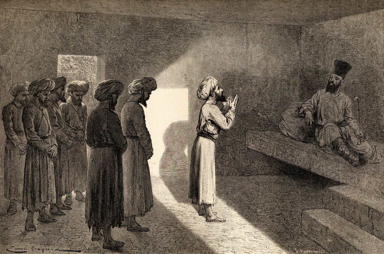 Arminio Vambery ontvangen in audiëntie door de Khan van Khiva, Oezbekistan, Centraal-Azië, tijdens zijn reizen daar in 1863, illustratie uit 