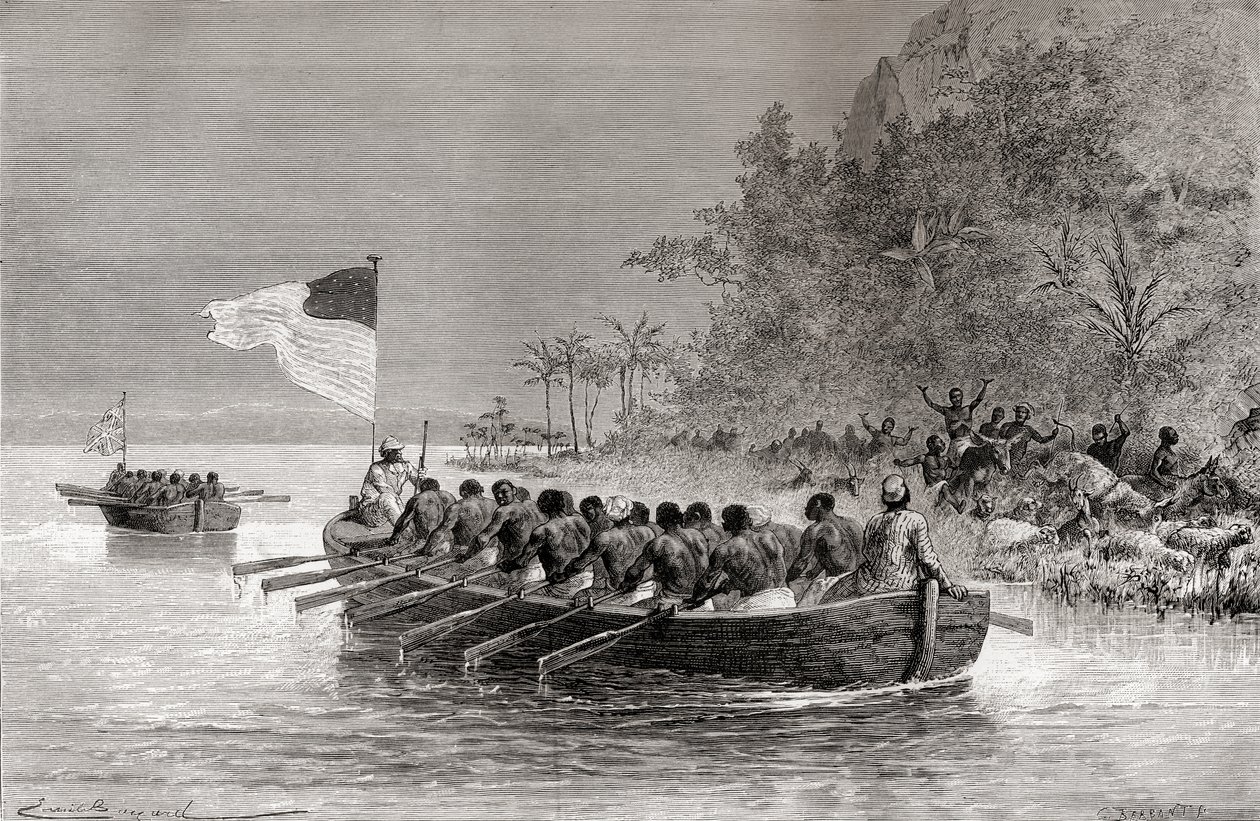 Dr. David Livingstone in de eerste boot, met de Engelse vlag, en Henry Morton Stanley in de tweede boot, met de Amerikaanse vlag, tijdens hun expeditie in Afrika in 1872, illustratie uit 