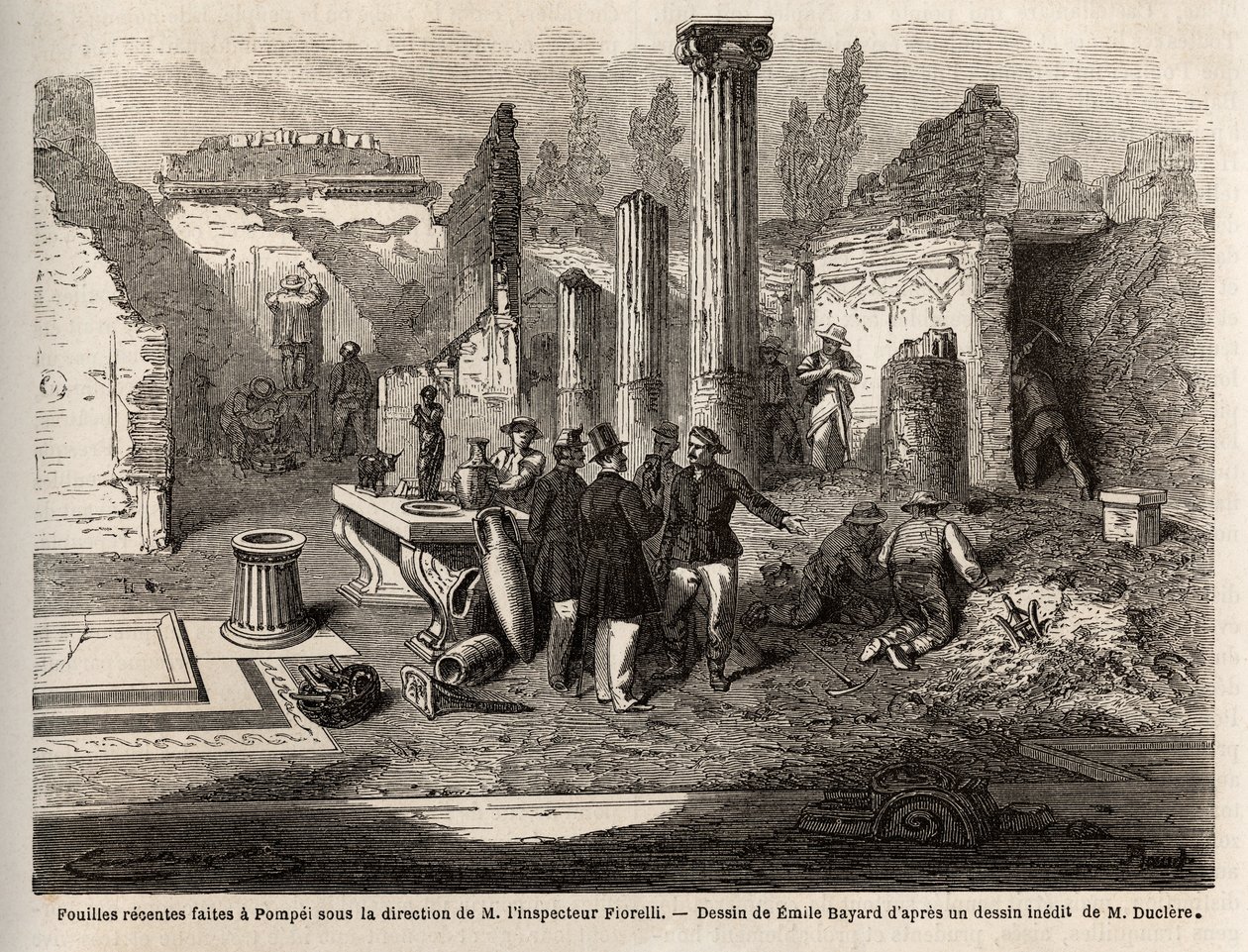 De opgraving van Pompeii, onder leiding van inspecteur Fiorelli, illustratie uit 