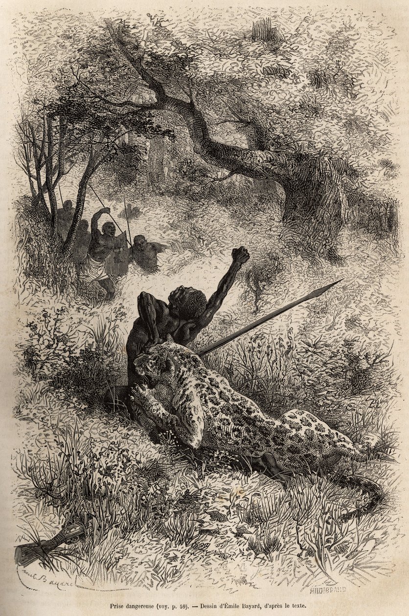 Een luipaard springt op een man en bijt hem wreed in zijn rug, in de buurt van Bambare (Congo), gravure naar een tekening van Emile Bayard, ter illustratie van David Livingstone