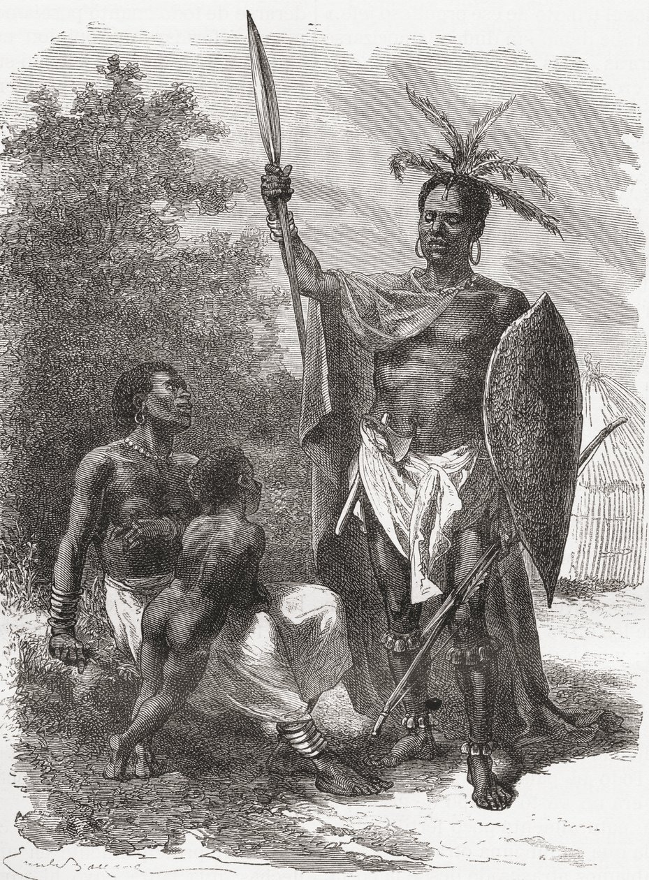Een inboorling van Ougogo, Centraal-Afrika, in oorlogskleding, illustratie uit 