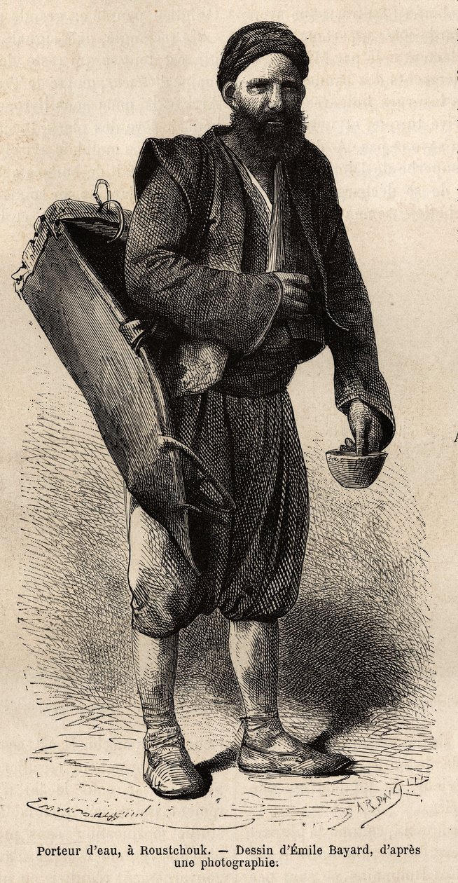 Een waterdrager, rondtrekkende handelaar poserend met zijn uitrusting, een soort tankdoos en een container gebruikt als maat en beker, in Roestchouk (Roemenië), gravure naar de tekening van Emile Bayard, illustrerend de reis naar Bulgarije, door Guillaume  door Emile Antoine Bayard