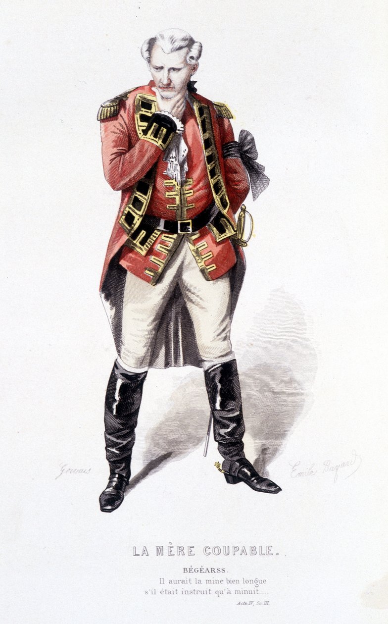 Volledig werk van Beaumarchais (1732-1799) door Edouard Fournier. Tekening door Emile Bayard. Ed. Laplace, Sanchez et Cie, Parijs 1876. Dit is Begearss in "De schuldige moeder" door Emile Antoine Bayard
