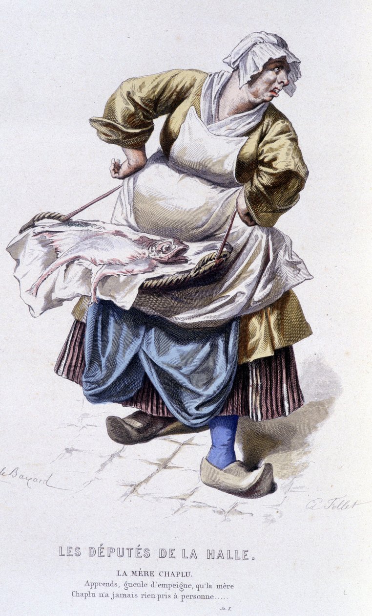 Volledig werk van Beaumarchais (1732-1799) door Edouard Fournier. tekening door Emile Bayard. Ed. Laplace, Sanchez et Cie, Parijs 1876. Dit is Moeder Chaplu in "De Afgevaardigden van de Hal" door Emile Antoine Bayard