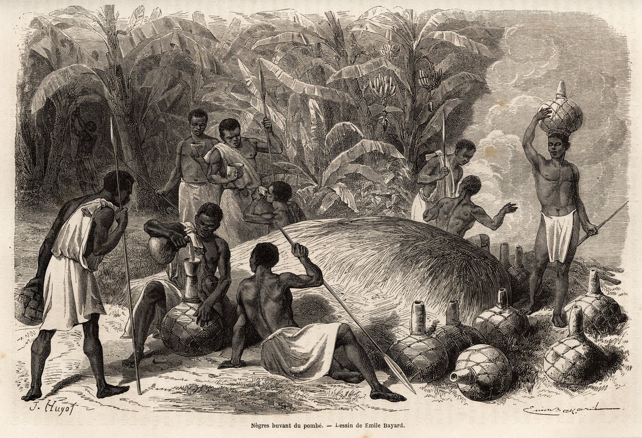 Proeverij van de pombe (alcoholische drank door fermentatie), in de Karague (westen van het Victoriameer, in het huidige Zimbabwe), tekening door Emile Bayard, ter illustratie van de ontdekkingsreis van kapitein Speke in Afrika van 1860 tot 1863. Gravure i door Emile Antoine Bayard