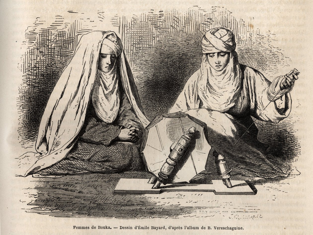 Vrouwen van Boukhara (Oezbekistan), aan het werk met spinnen, gravure naar een tekening van Emile Bayard, ter illustratie van Basile Vereschaguine