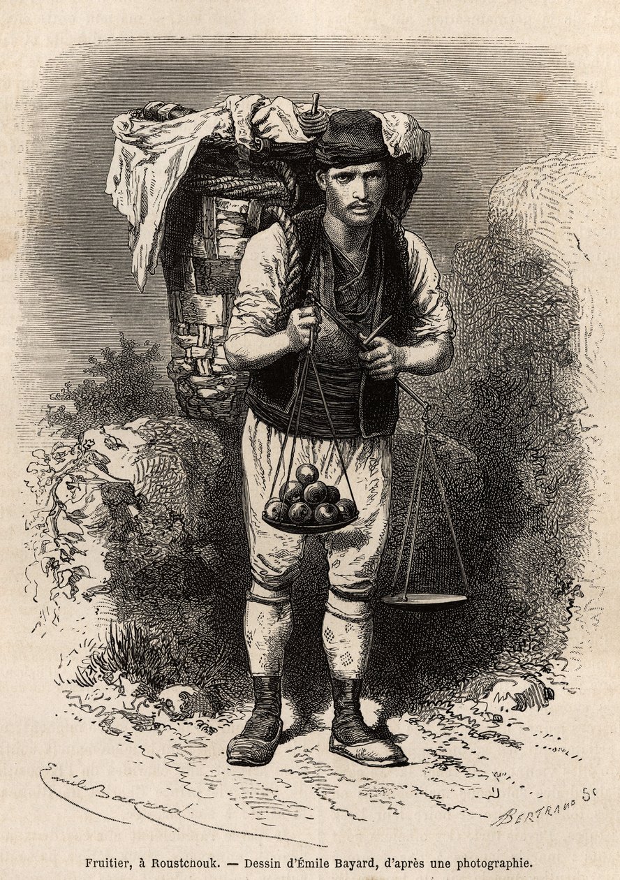 Fruitier, een rondreizende koopman van vers fruit, met zijn transportkap en draagbare weegschaal op zijn rug, in Roustchouk (Roemenië), gravure naar de tekening van Emile Bayard, ter illustratie van de reis naar Bulgarije, door Guillaume Lejean, in 1867, g door Emile Antoine Bayard
