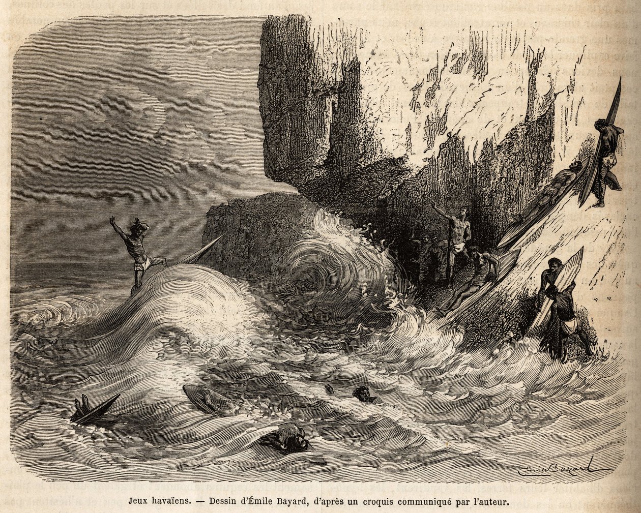 Hawaïaanse spellen, bij de afgrond van Mokapuu, op het eiland Oahu, vermaakten de inwoners zich door hun favoriete spel te beoefenen: surfen, gravure naar de tekening van Emile Bayard, ter illustratie van de reis naar de Sandwich-eilanden, in 1855-1869, do door Emile Antoine Bayard