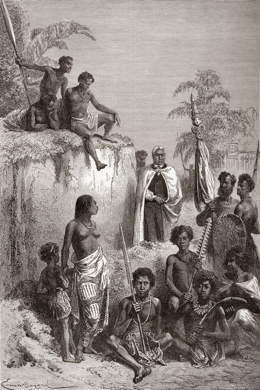 Hawaïaanse koning Kamehameha I en zijn krijgers, illustratie uit 