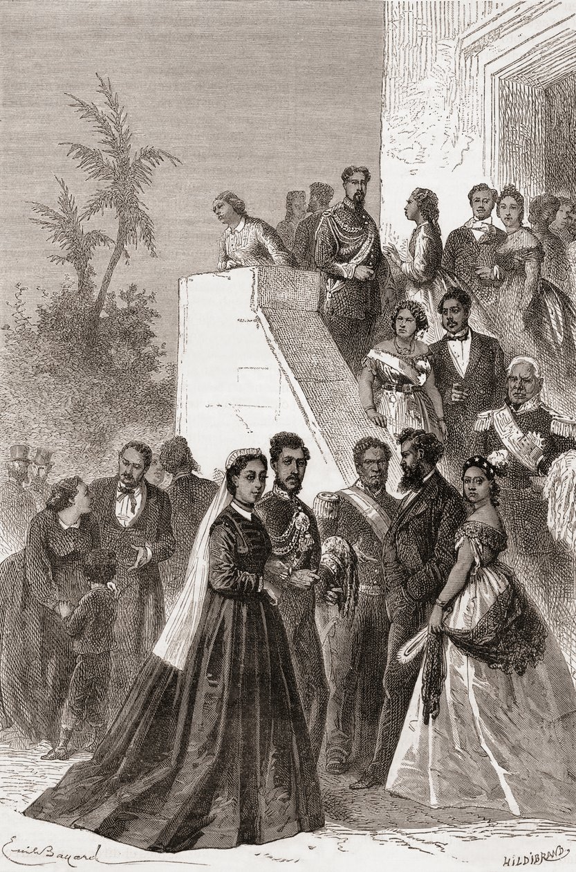 Kamehameha V, midden, met zijn familie, illustratie uit 