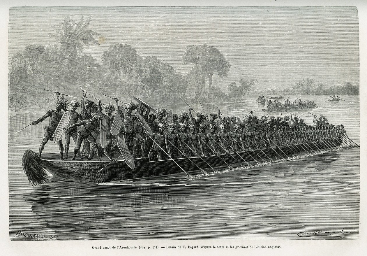 Grote kano van de Arouhouimi, geladen met 40 staande roeiers en twintig krijgers in wapens, op de Livingstone Rivier (Congo), tekening door Emile Bayard, ter illustratie van het verhaal 