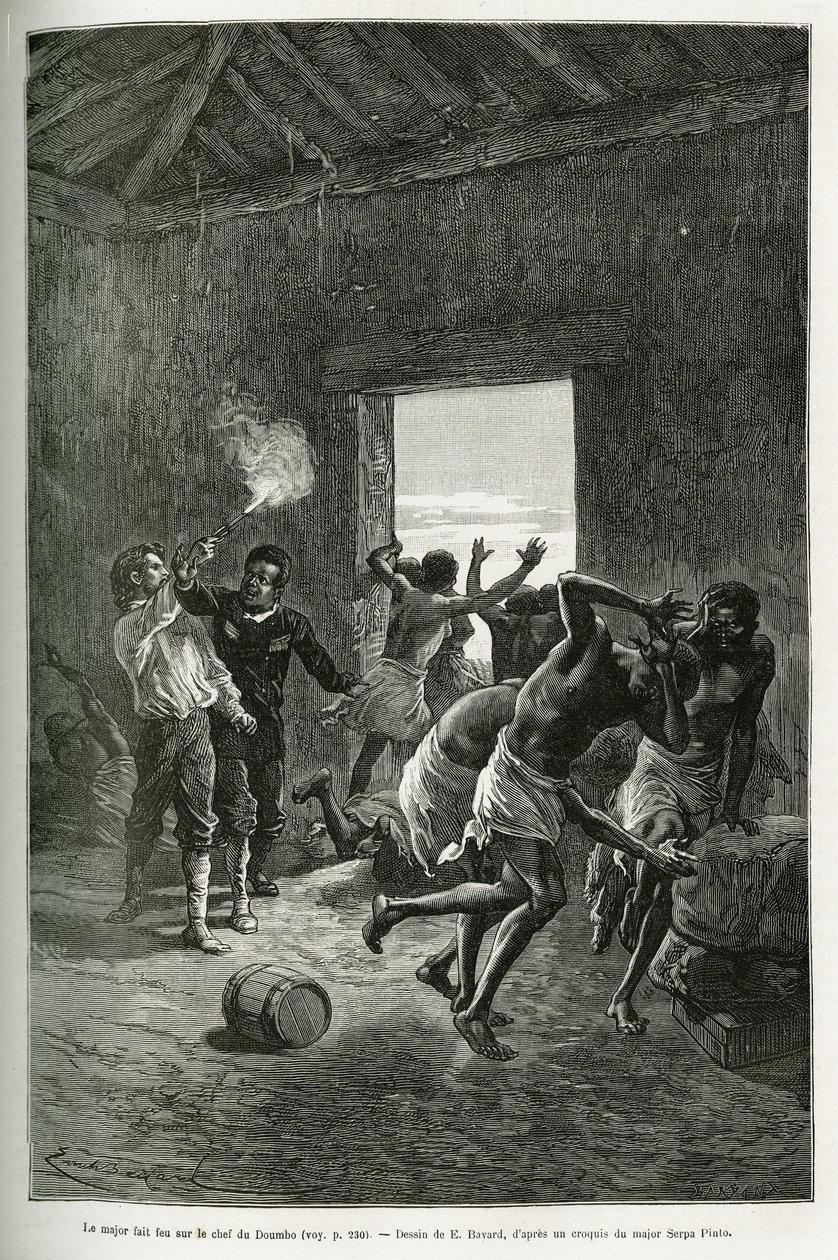 Majoor Serpa Pinto schoot op de dorpschef of werd gestopt omdat hij nog meer brandewijn eiste in ruil voor zijn gastvrijheid. Gravure door Emile Bayard, ter illustratie van het verhaal hoe ik Afrika heb doorkruist, van de Atlantische Oceaan tot de Indische door Emile Antoine Bayard