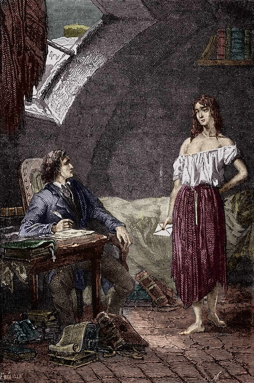 Marius en Eponine, oudste dochter van de Thenardiers en verliefd op Marius (Illustratie van de roman 