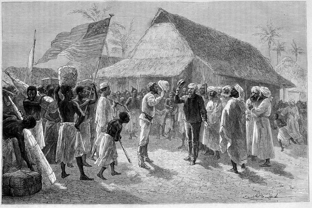 Ontmoeting tussen Sir Henry Morton Stanley (1841-1904) en David Livingstone (1813-1873), in "Le Tour du Monde" door Emile Antoine Bayard