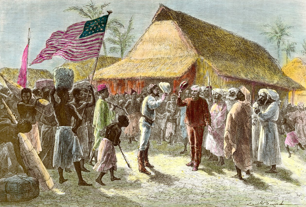 Ontmoeting in Ujiji aan de oevers van het Tanganyikameer tussen Henry Morton, een ontdekkingsreiziger en journalist uit Wales (1841-1904) en David Livingstone, een Schotse missionaris en ontdekkingsreiziger van het Afrikaanse continent (1813-1873), op 10 n door Emile Antoine Bayard