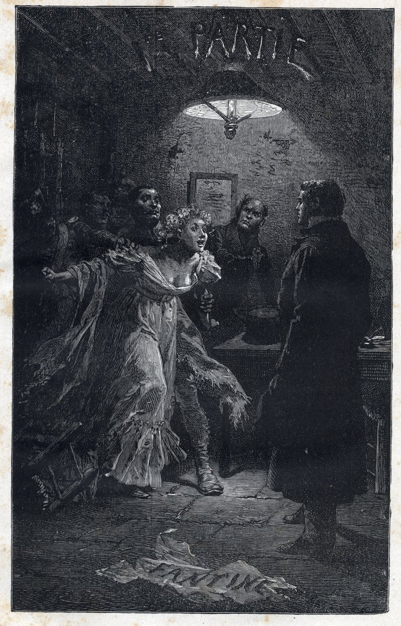 Monsieur Madeleine komt Fantine te hulp bij haar arrestatie door Javert - Illustratie door Emile Bayard (1837-1891) voor 
