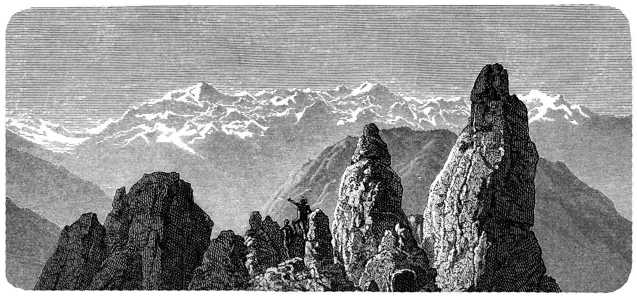 Bergtop genaamd Pierre a Voir nabij de baden van Saxon in de Zwitserse Alpen. Illustratie door Emile Bayard voor het boek 