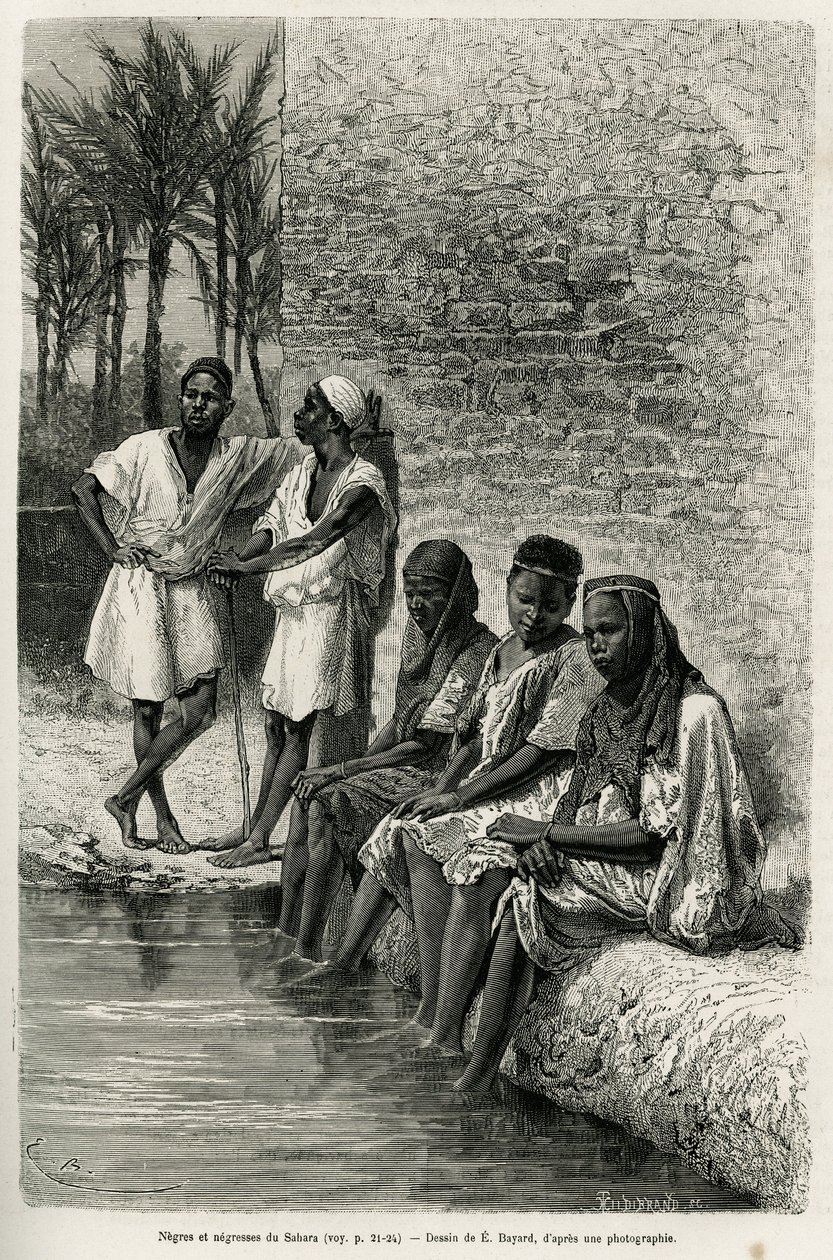 Negers en negerinnen van de Sahara, aan de oevers van de Oued Rihr. Gravure door E.Bayard, ter illustratie van de Algerijnse Sahara, door V.Largeau, in 1874-1878, gepubliceerd in de Tour du monde, onder leiding van Edouard Charton (1807-1890) door Emile Antoine Bayard