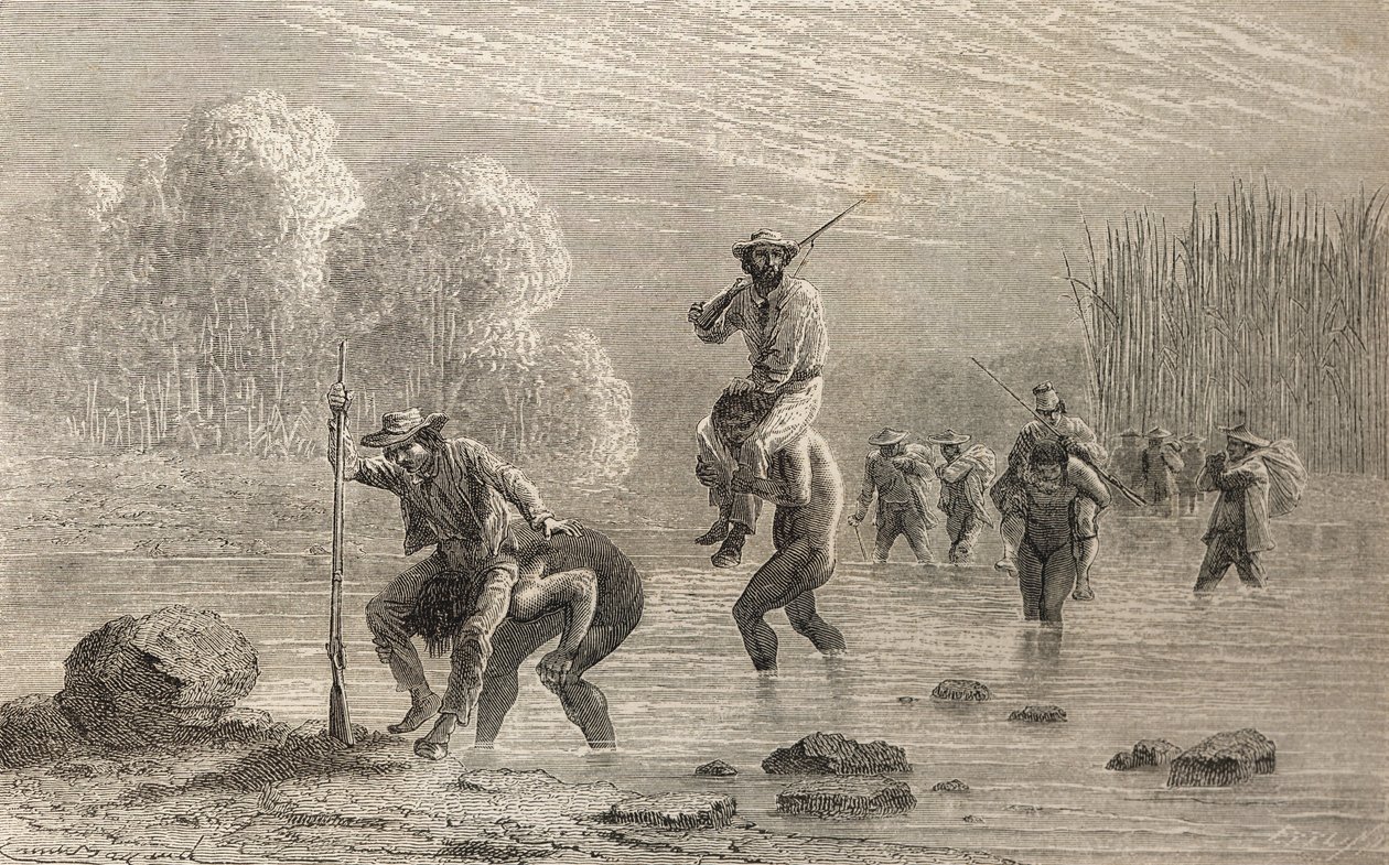 Paul Marcoy en zijn expeditie worden in 1874 door Chuncho-indianen door een moeras in Argentinië gedragen, illustratie uit 