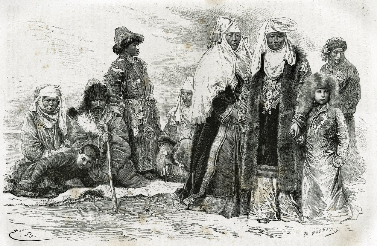 Arme en rijke Kirgizische vrouwen. Gravure door Emile Bayard, ter illustratie van reisindrukken van Orenburg naar Samarkand, door Marie de Ujfalvy-Bourdon, tussen 1876 en 1878, in de Tour du monde, onder leiding van Edouard Charton door Emile Antoine Bayard