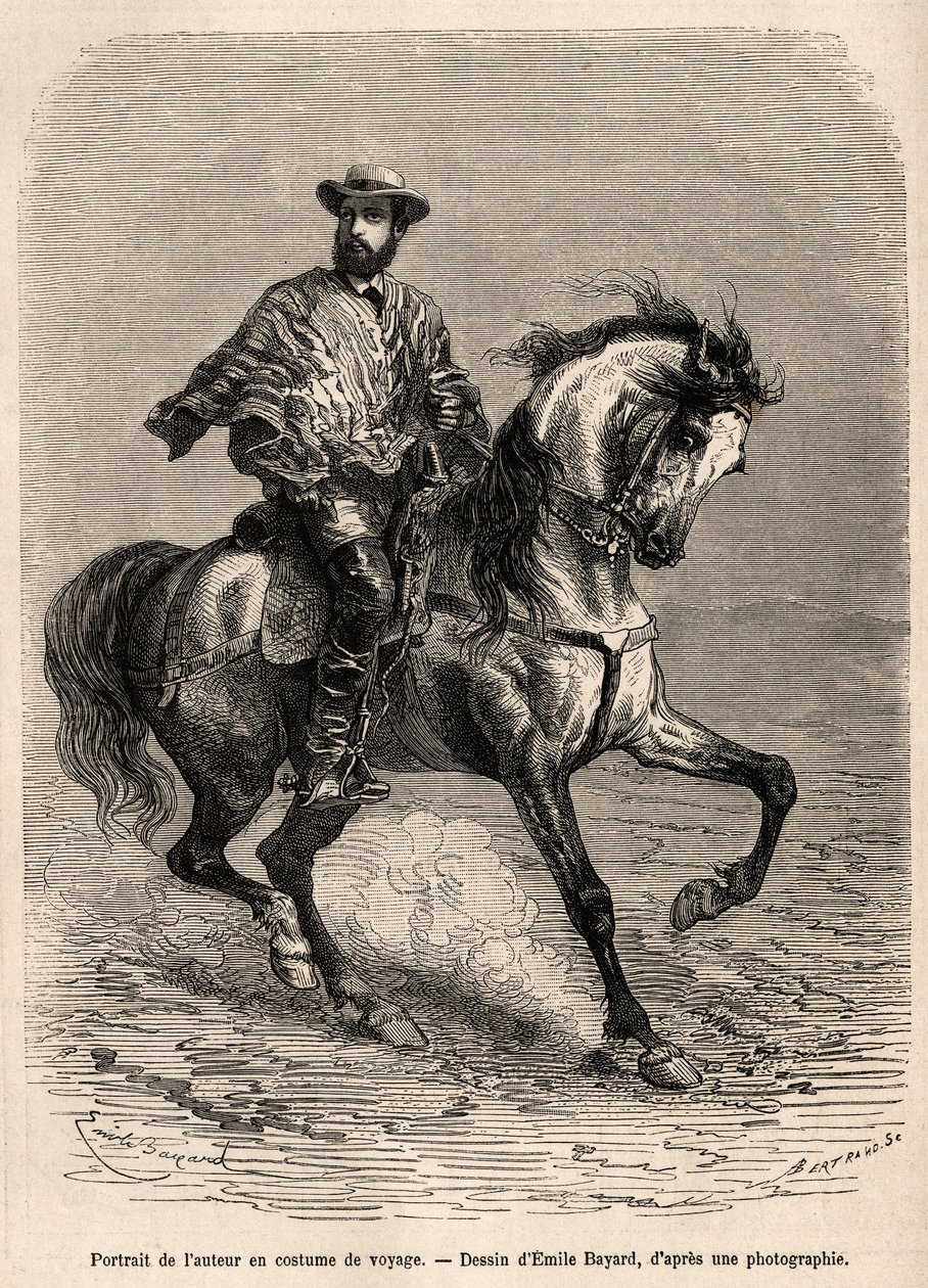Portret van de auteur, op zijn rijdier, gekleed in zijn reiskostuum, gravure naar een tekening van Emile Bayard ter illustratie van het verhaal over de woestijn van Acatama en Caracoles (Zuid-Amerika), door ingenieur A.Bresson, 1870-1874, gepubliceerd in 