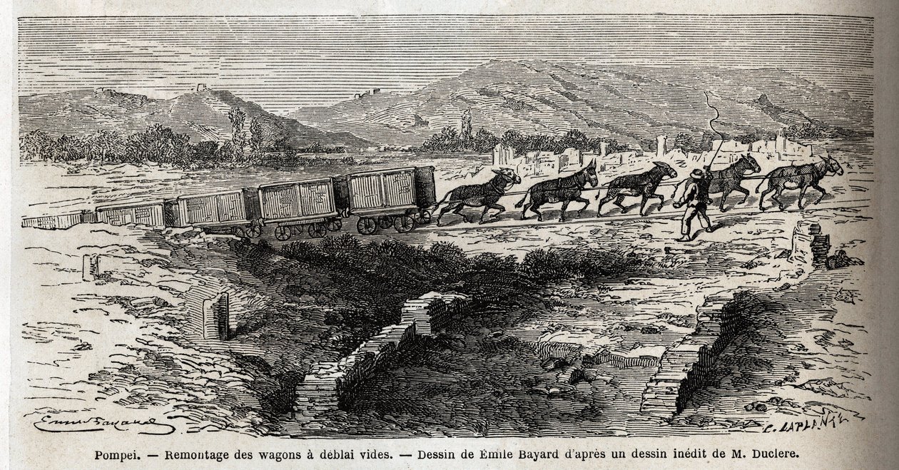 Heropbouw van lege wagons tijdens de opgravingen van 1864 in Pompeii, tekening door Emile Bayard (1837-1891), ter illustratie van de tekst van Marc Monnier (1829-1885) 