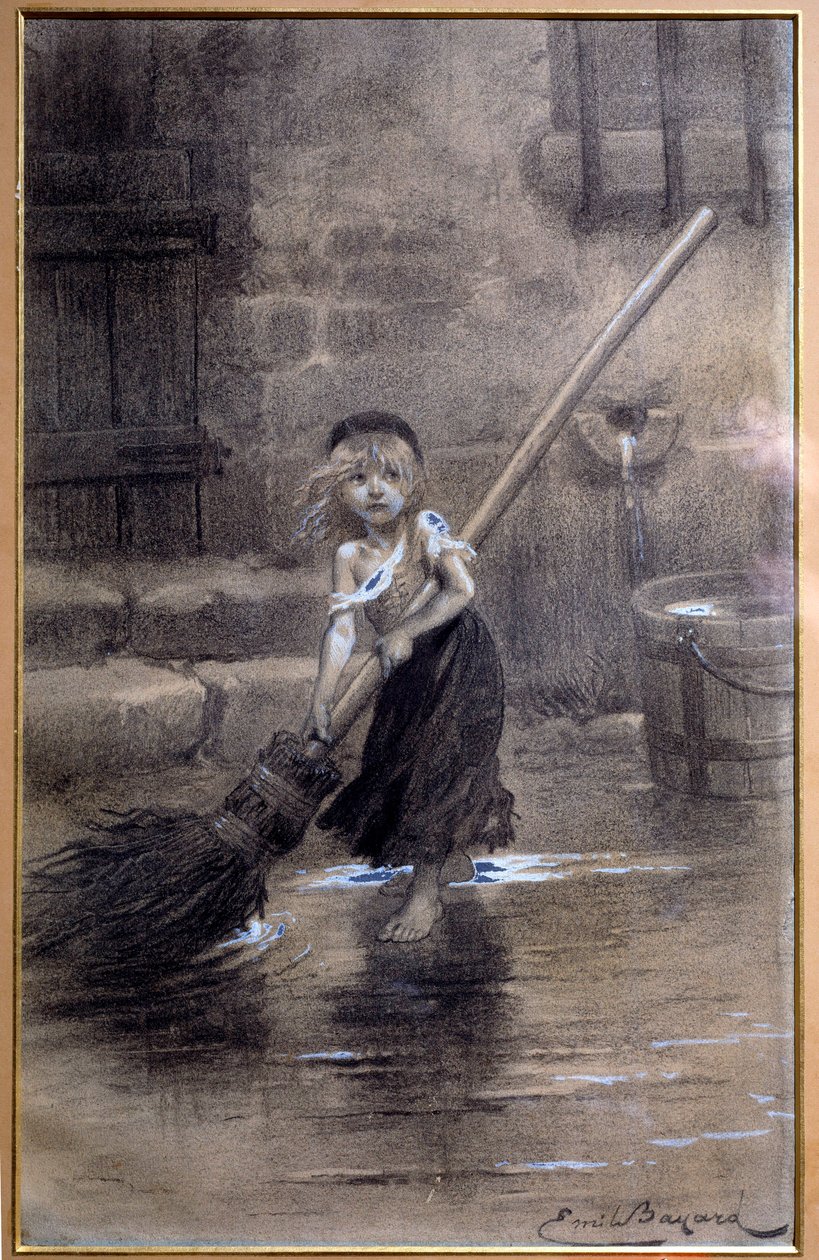 Representatie van Cosette, blootsvoets vegen. Illustratie voor Les Miserables door Victor Hugo (1802-1885) door Emile Bayard (1837-1891) 19e eeuw. Parijs, Maison Victor Hugo door Emile Antoine Bayard