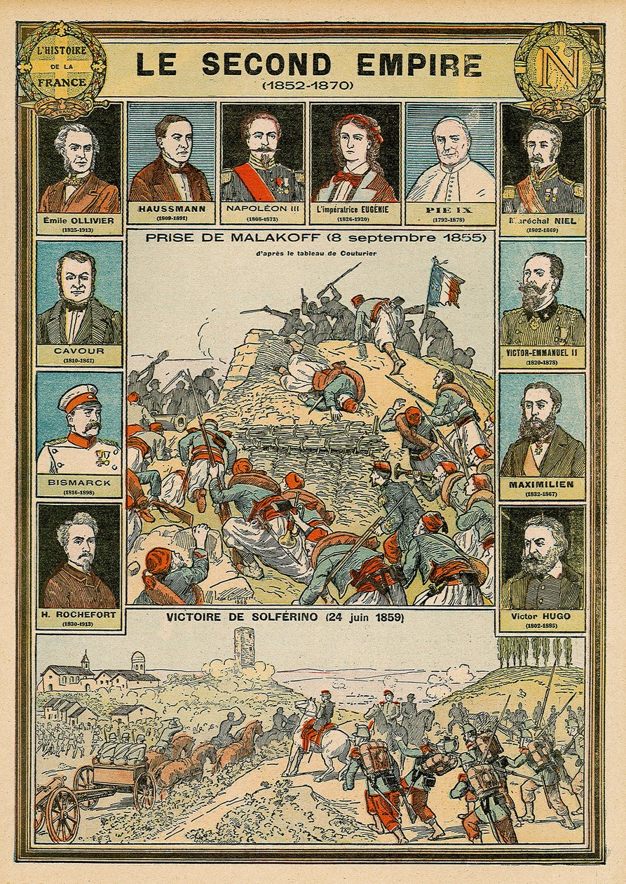 Tweede Keizerrijk 1852 tot 1870 - verovering van Malakoff 8 september 1855 - overwinning van Solferino 24 juni 1859 - Emile Ollivier, Baron Haussmann, Napoleon III, Imperator Eugenia, Paus Pius 9, Maarschalk Niel, Victor Emmanuel II van Italië door Emile Antoine Bayard