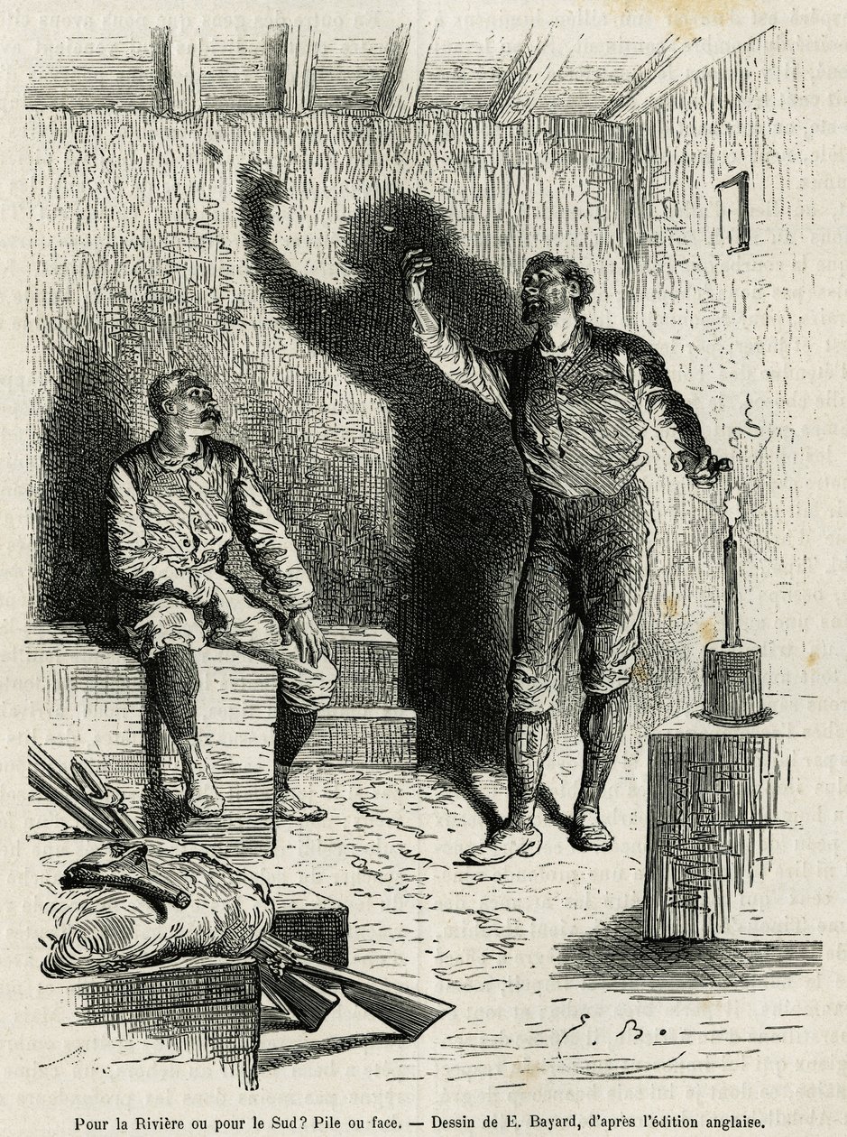 Sir Henri Morton Stanley (1841-1904) en Franck Pock, zijn reisgenoot, beslissen een route door kop of munt, tekening door Emile Bayard, ter illustratie van het verhaal "Door het mysterieuze continent" (Equatoriaal Afrika), een reis c door Emile Antoine Bayard