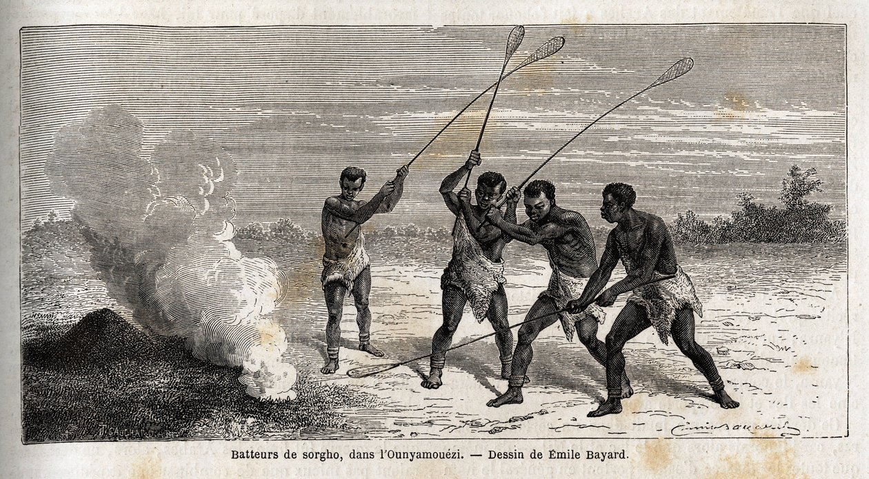 Sorghum drummers, in de ounyamouezi (Grote Meren regio, Afrika), tekening door Emile Bayard (1837-1891), ter illustratie van Kapitein Speke