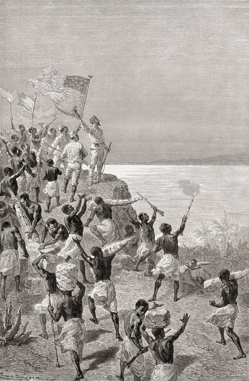 Stanley en zijn expeditie zien voor het eerst Tanganyika, Oost-Afrika, in 1872, illustratie uit 