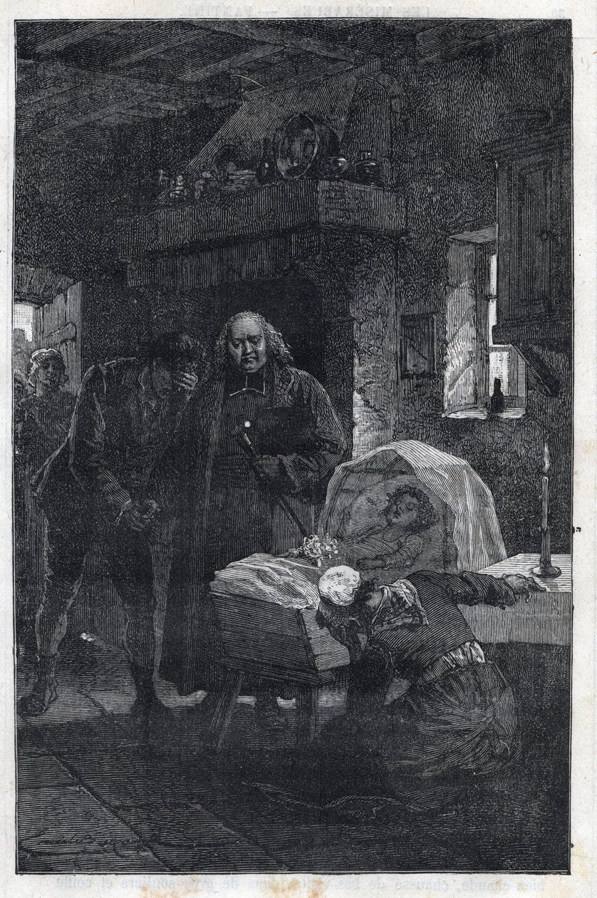 De bisschop Myriel met een rouwende familie - Illustratie door Emile Bayard (1837-1891) voor 