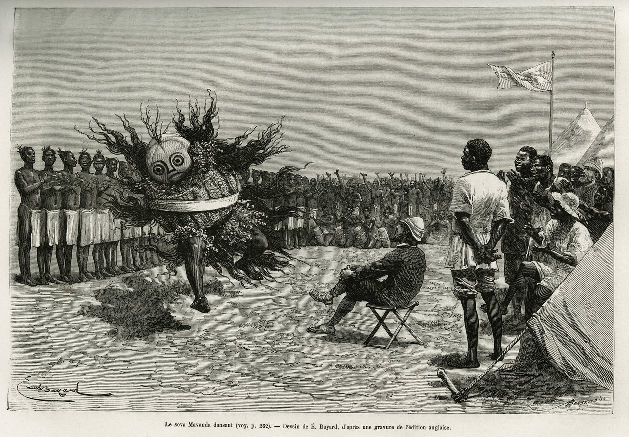 De Sova Mavanda (koning), omringd door zijn mannen die een eentonig lied psalmodiëren, dansend voor de majoor. Gravure door Emile Bayard, ter illustratie van het verhaal hoe ik Afrika heb doorkruist, van de Atlantische Oceaan tot de Indische Oceaan, door m door Emile Antoine Bayard