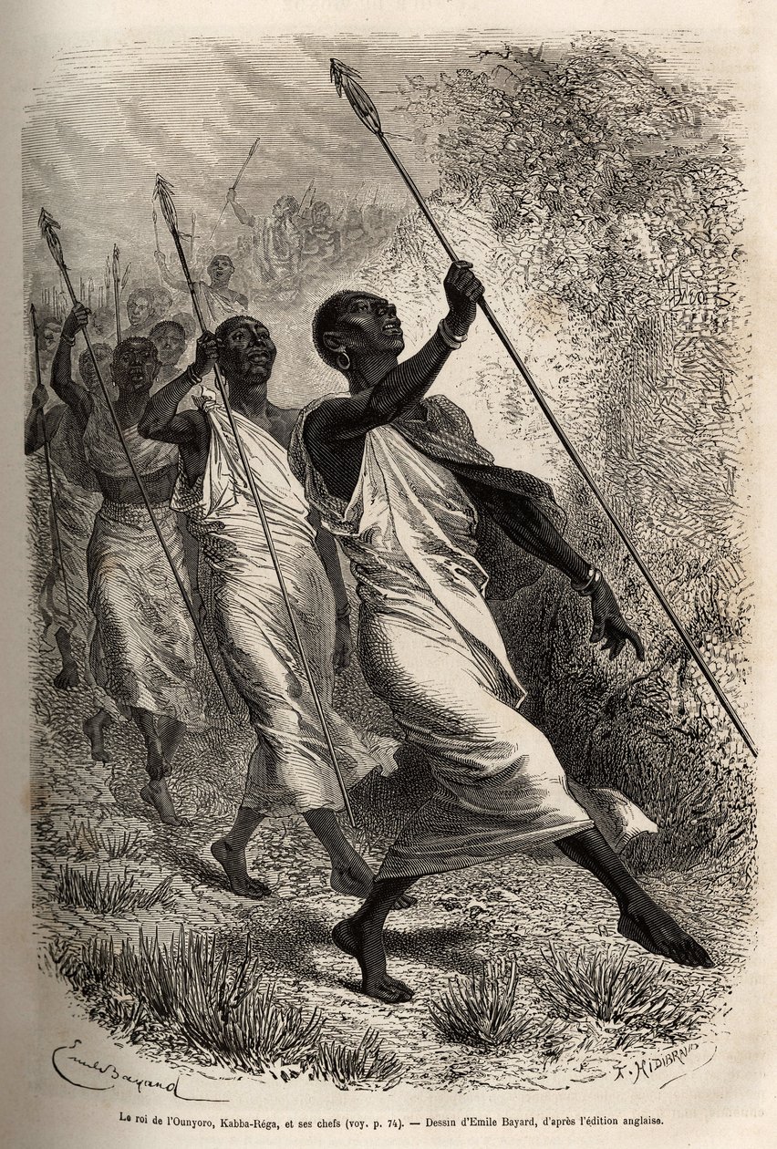 De aankomst van Kabba Rega, koning van de Ounyoro (oostelijk Soedan) en de hoofden van zijn hof, bij het kamp van Sir Baker voor een officieel bezoek, gegraveerd naar een tekening van Emile Bayard, illustratie van een expeditie in Centraal-Afrika door Emile Antoine Bayard
