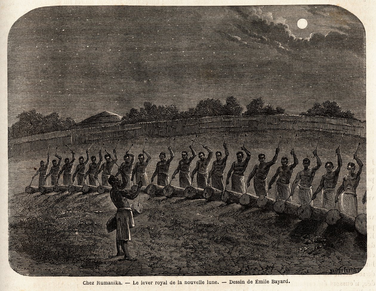 De ceremonie van de trommels voor de opkomst van de nieuwe maan, aan het hoofd van de stam Rumanika, in Karague (westelijk van het Victoriameer, in het huidige Zimbabwe), tekening door Emile Bayard (1837-1891), ter illustratie van de ontdekkingsreis van Ka door Emile Antoine Bayard
