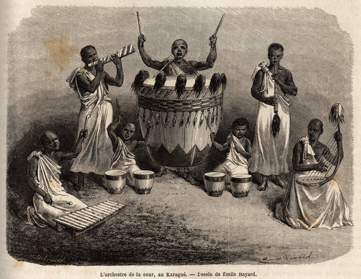 Het hoforkest, in de Karague (ten westen van het Victoriameer, het huidige Zimbabwe), tekening door Emile Bayard (1837-1891), illustratie van Kapitein Speke