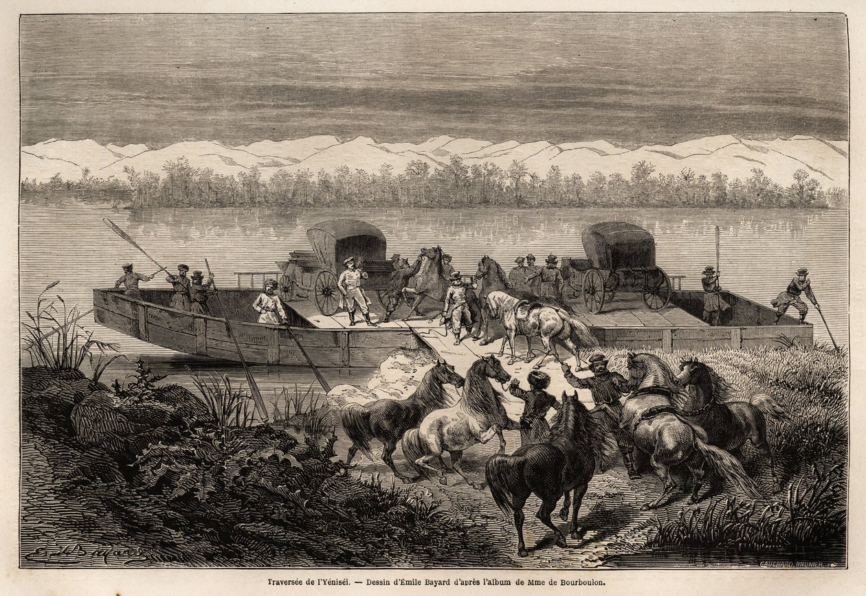 De oversteek van de Yenissei-rivier (Rusland), tekening door Emile Bayard (1837-1891) ter illustratie van de reis van Shanghai naar Moskou, van 1859 tot 1862, van M. de Bourboulon, Minister van Frankrijk in China. Gravure in 