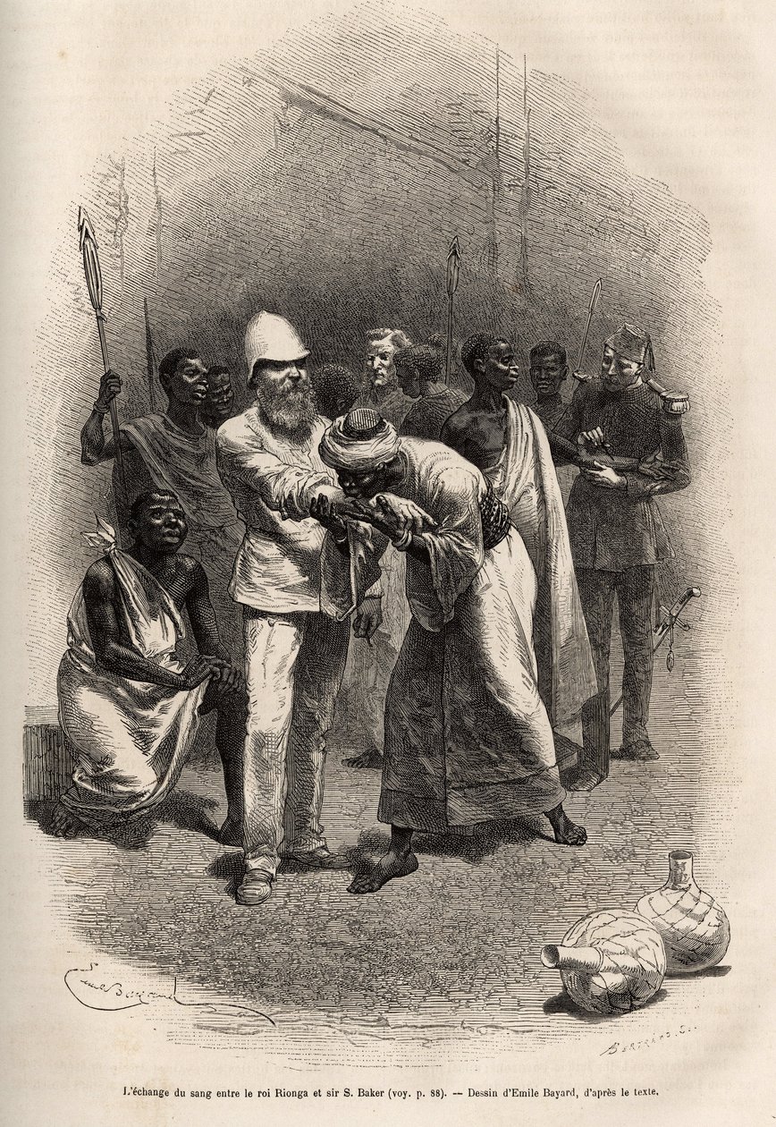 De uitwisseling van bloed tussen koning Rionga en Sir Baker, na het drinken van een grote hoeveelheid bananencider en een nacht waken en vasten, vindt de ceremonie plaats, elk om de beurt snijden ze hun onderarmen en drinken een druppel bloed, daarna wordt door Emile Antoine Bayard