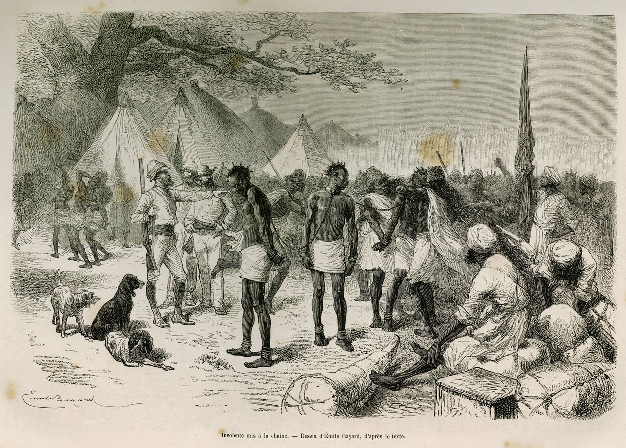 De brutale dragers van de expeditie aan de ketting gelegd, tekening door Emile Bayard, ter illustratie van het verhaal: Door Afrika, van Zanzibar (Tanzania) naar Benguela (Angola), van 1872 tot 1876, door Luitenant V.H.Cameron. Gravure in Le tour du monde door Emile Antoine Bayard
