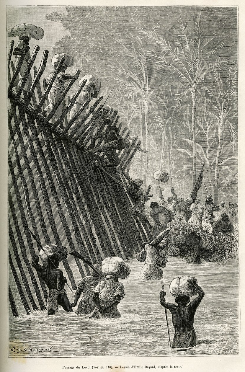 De oversteek van de Lovoi rivier (of rivier van de duivel) (Katanga regio, Congo) door de expeditie, tekening door Emile Bayard, ter illustratie van de reis door Afrika, van Zanzibar (Tanzania) naar Benguela (Angola), van 1873 tot 1876, door Britse command door Emile Antoine Bayard
