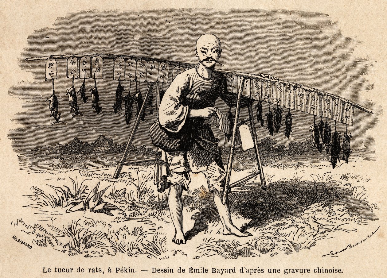 De rattenvanger in Peking. Tekening door Emile Bayard, ter illustratie van de reis van Shanghai naar Moskou, van 1859 tot 1862, door M. de Bourboulon, minister van Frankrijk in China. Gravure in "Le tour du monde", uitgegeven door Edouard Charton door Emile Antoine Bayard