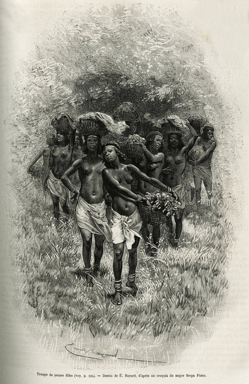 Troep jonge meisjes met manden vol voedsel voor de bevoorrading van S. Pinto en zijn mannen. Gravure door Emile Bayard, ter illustratie van het verhaal hoe ik Afrika doorkruiste, van de Atlantische Oceaan tot de Indische Oceaan, door Majoor Serpa Pinto, in door Emile Antoine Bayard
