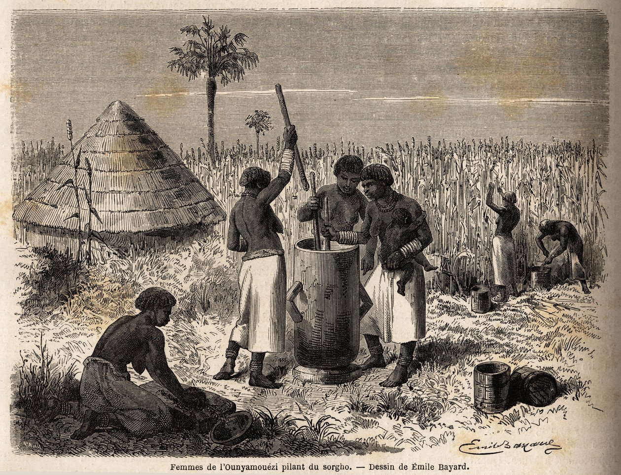 Vrouwen die sorghum stampen, in de ounyamouezi (Grote Meren regio, Afrika), tekening door Emile Bayard (1837-1891), illustratie van Kapitein Speke