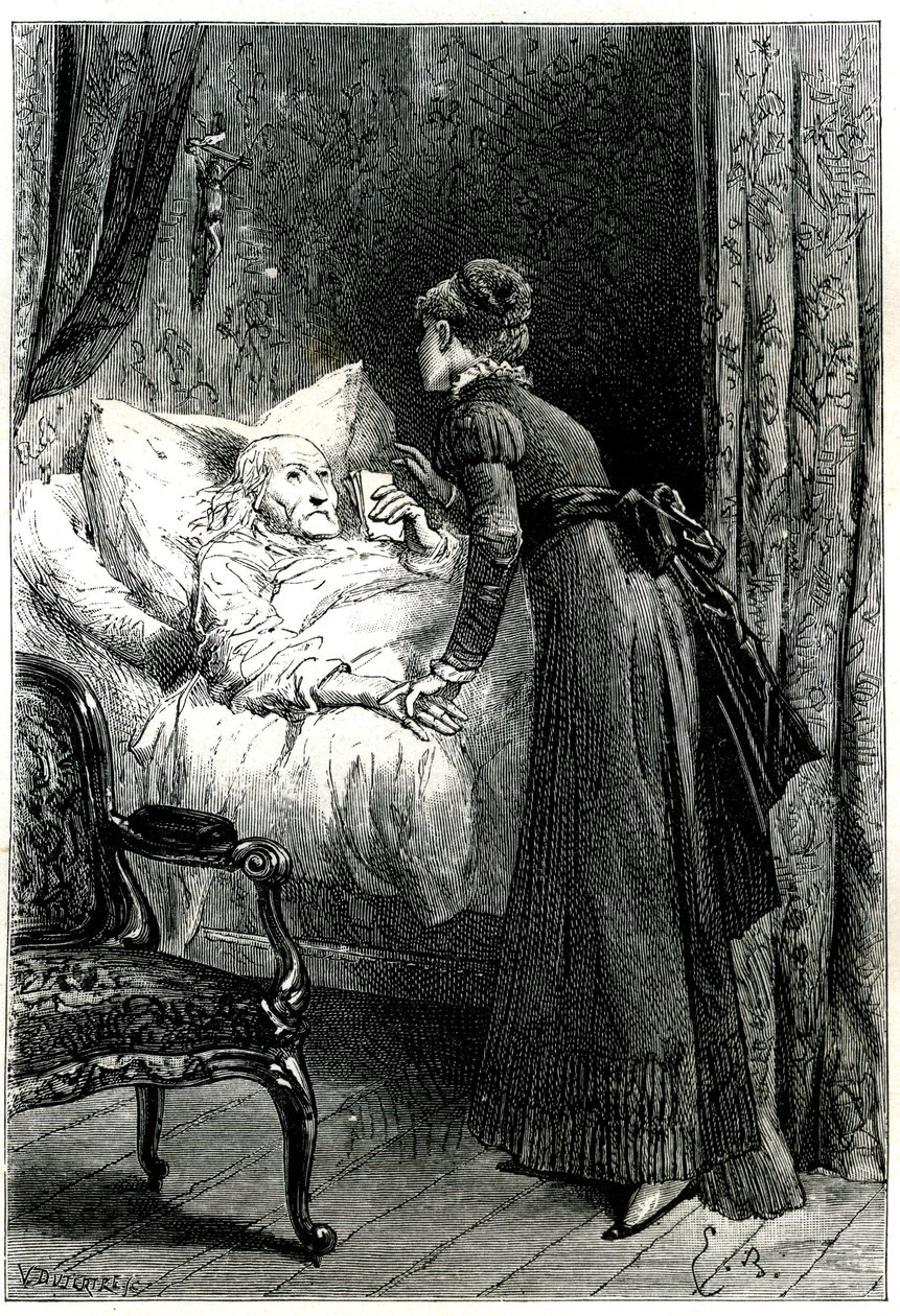 Jonge vrouw die voor een oude man zorgt die sterft in zijn bed onder een crucifix aan de muur. De stervende man houdt zijn laatste aanbevelingen (testament) in de hand. Gravure door Emile Bayard ter illustratie van Jules Sandeau