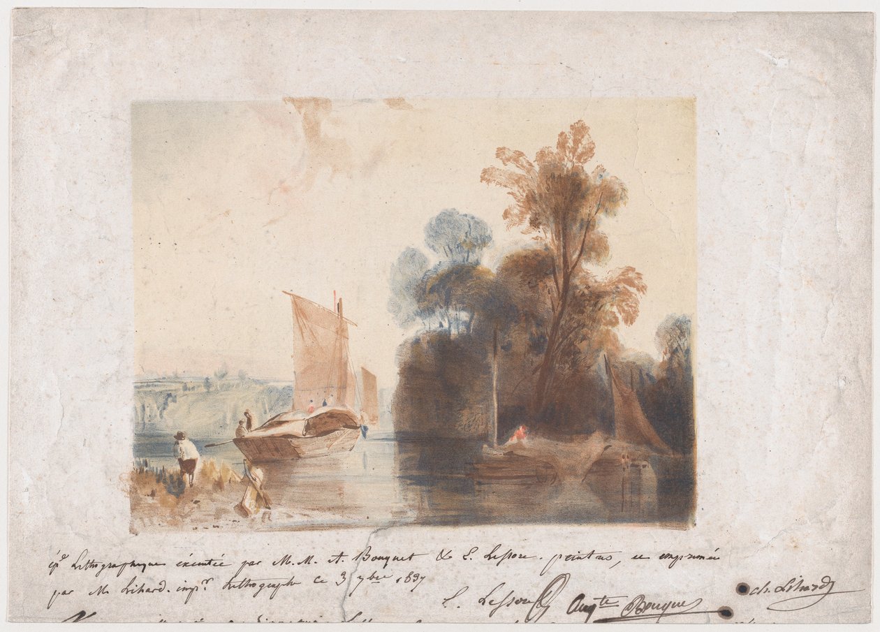 Landschap met Rivier en Boten door Emile Aubert Lessore