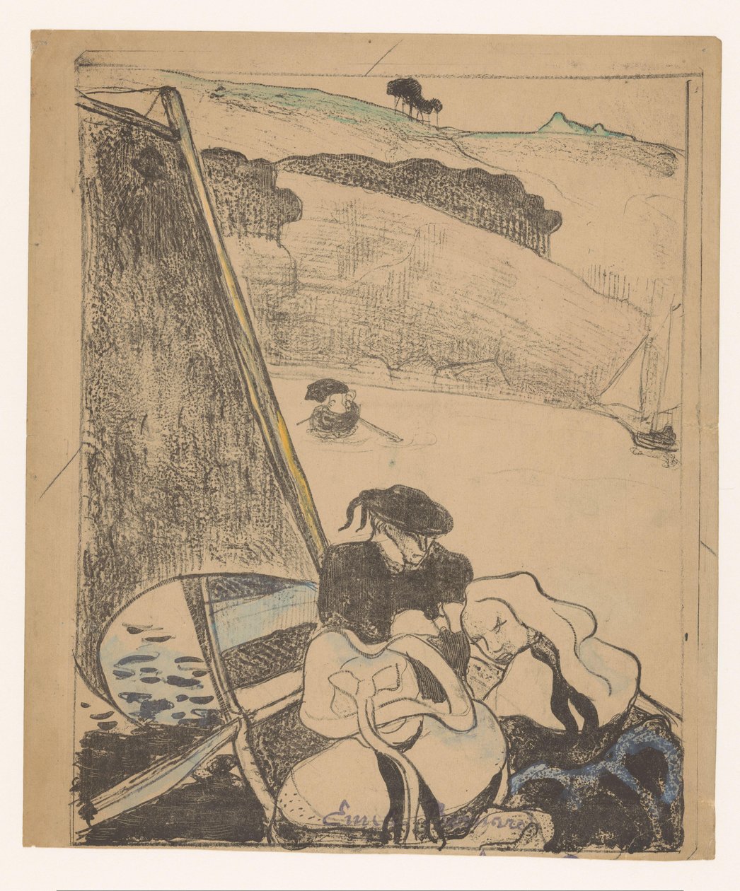 Twee Bretonse vrouwen en een man op een boot door Émile Bernard (signed by artist)